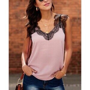 Love Stitch‎ Lace Cami Tank Eyelash Lace Trim Satin Pink & Blk Size XL